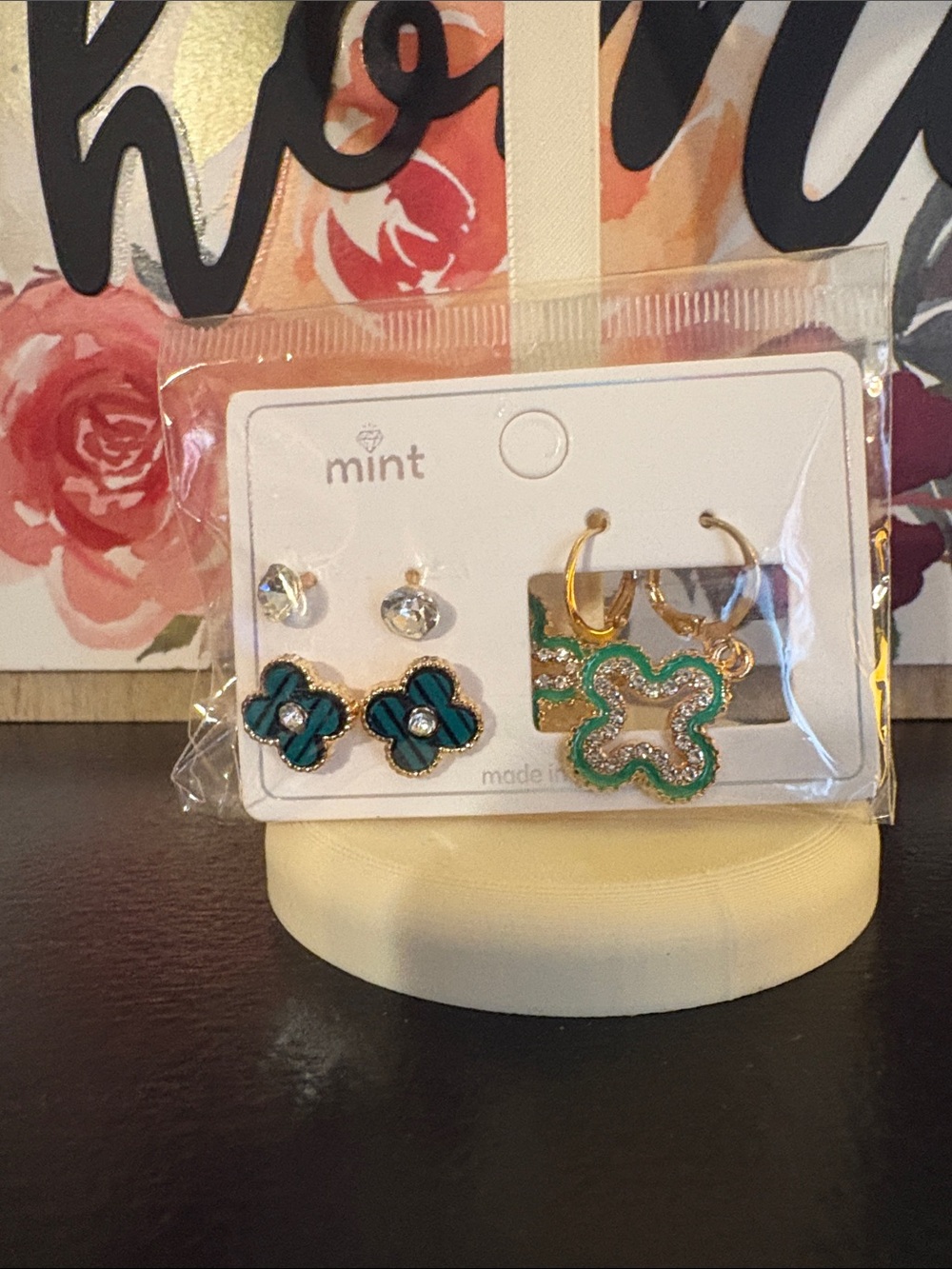 Mint Green and Gold Clover Earring Trio for Kids